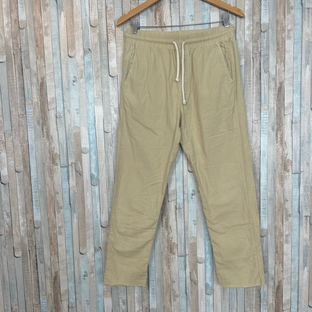 Adam Mar S Tan Cotton Linen Twill Trouser Pants Drawstring Minimalist Casual